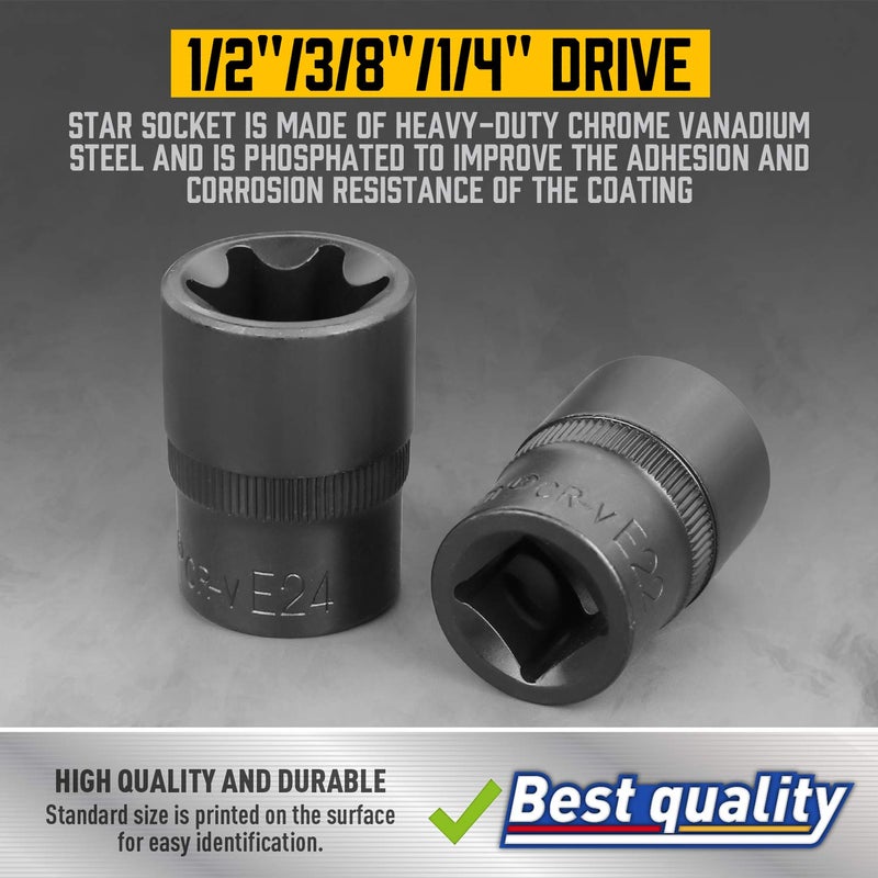 Amartisan 14 Pc Female E-Torx Star Socket Set/Rail, 1/4" 3/8" 1/2" Drive, E24 External Torque Socket Set - Image 4